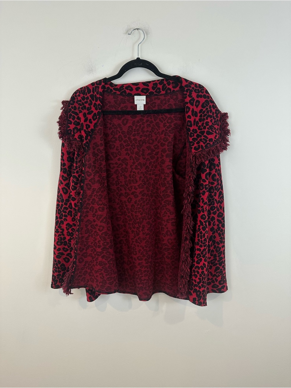 Chico's Red Leopard-Print Open Cardigan Fringed Sweater Size 2 (Large)